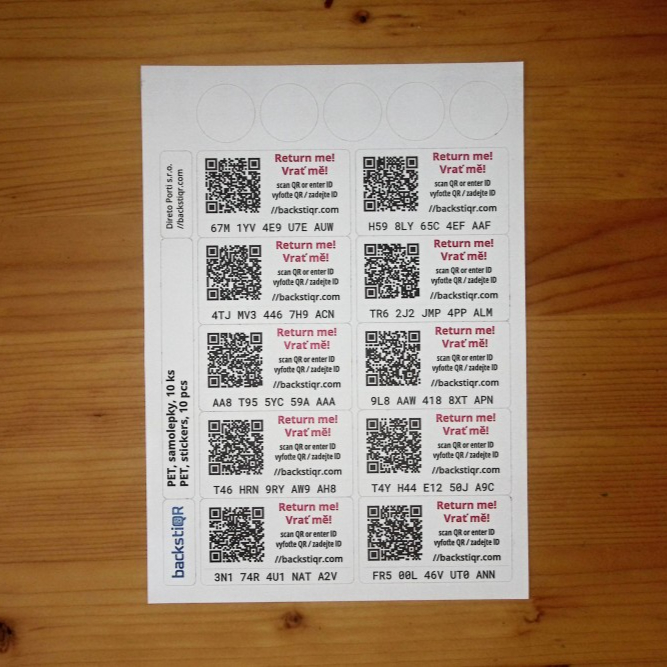 backstiQR samolepky, PET, matné, průhledné (10 ks na listu) - Obsah balení: 10 archů, 100 samolepek, Jazyková verze: Slovensky, anglicky