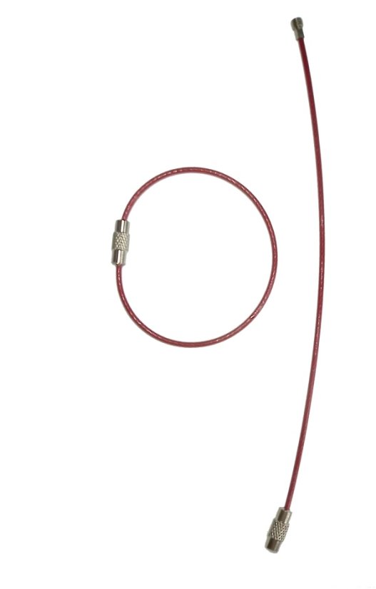 Ocelové lanko s uzávěrem, potažené PVC, červené