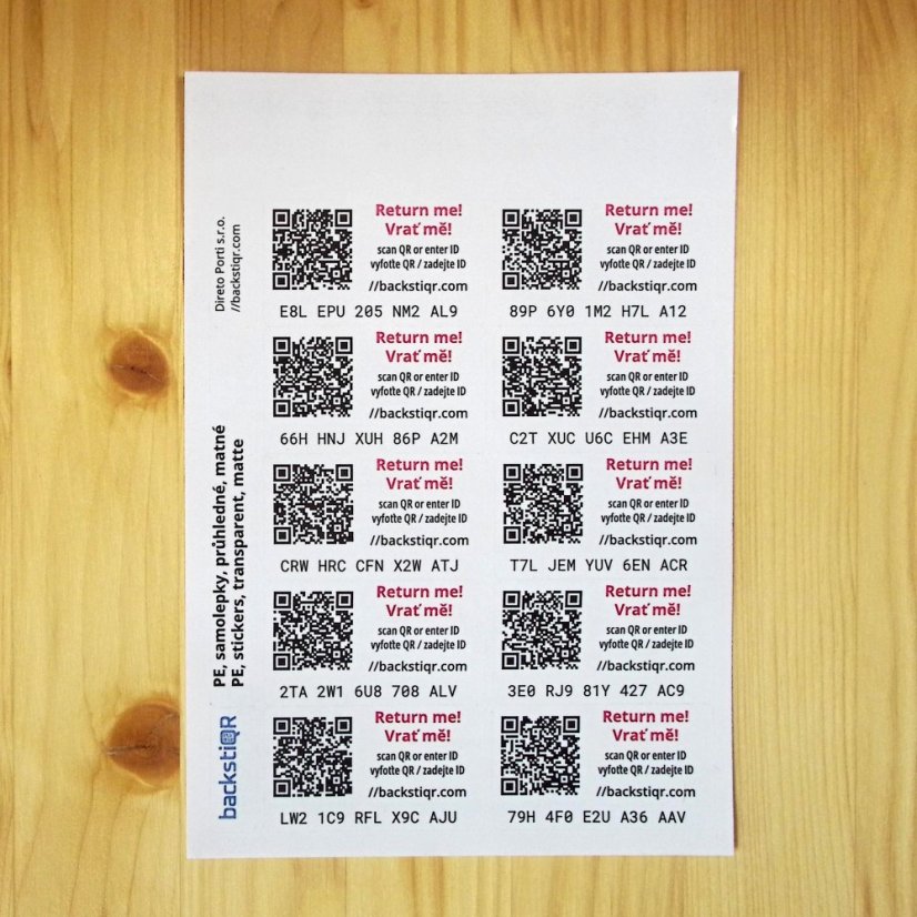 backstiQR samolepky, PET, matné, průhledné (10 ks na listu) - Obsah balení: 10 archů, 100 samolepek, Jazyková verze: Slovensky, anglicky