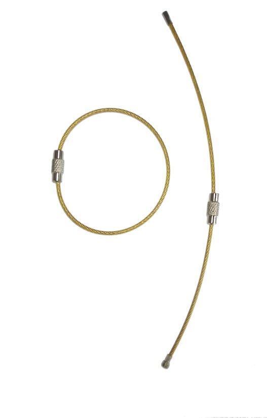 Ocelové lanko s uzávěrem, potažené PVC, žluté