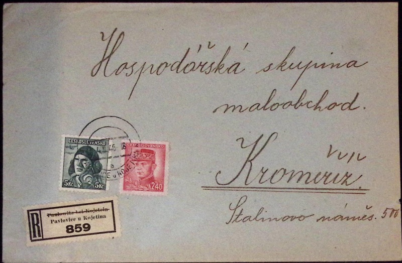 Doporučený dopis (Pavlovice u Kojetína - Kroměříž), 1946